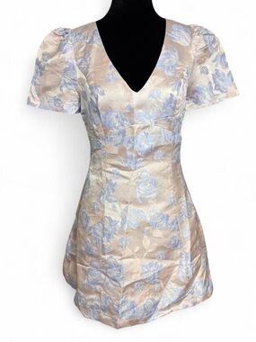 Lulu's Pale Blue Floral Jacquard V-Neck Mini Dress